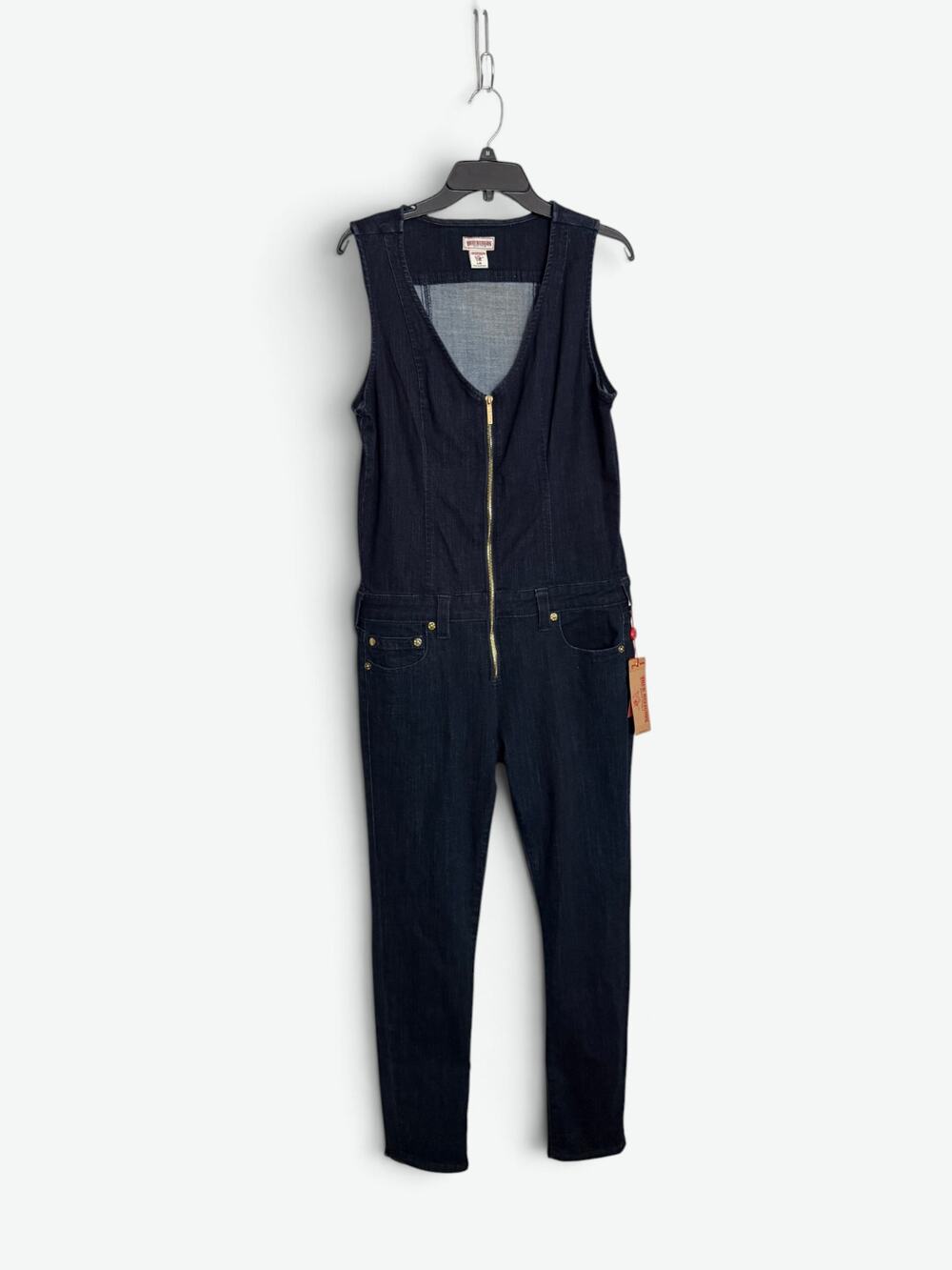 True Religion Denim Jumpsuit Womens Large Curvy Skinny Dark Blue Zip Front NWT